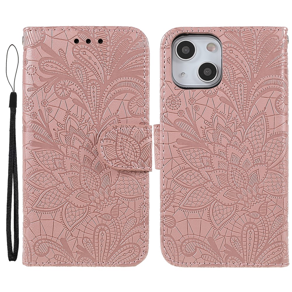 Lace Flowers Pattern Imprinting Folio Soft PU Leather Wallet Stand Magnetic Closure Cover with Wrist Strap for iPhone 13 mini 5.4 inch - Rose Gold