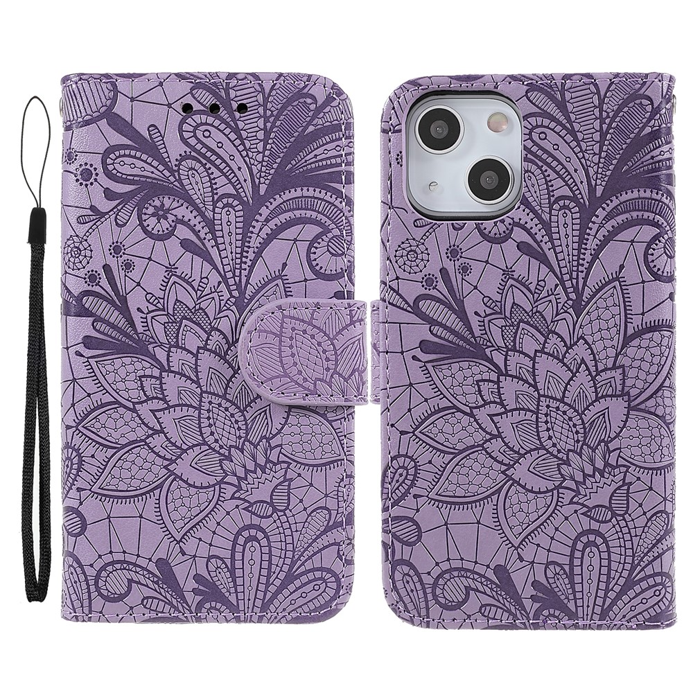 Lace Flowers Pattern Imprinting Folio Soft PU Leather Wallet Stand Magnetic Closure Cover with Wrist Strap for iPhone 13 mini 5.4 inch - Purple