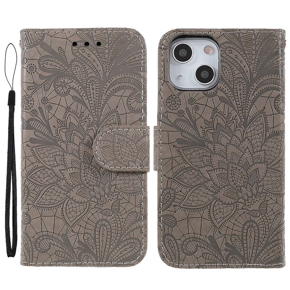 Lace Flowers Pattern Imprinting Folio Soft PU Leather Wallet Stand Magnetic Closure Cover with Wrist Strap for iPhone 13 mini 5.4 inch - Grey