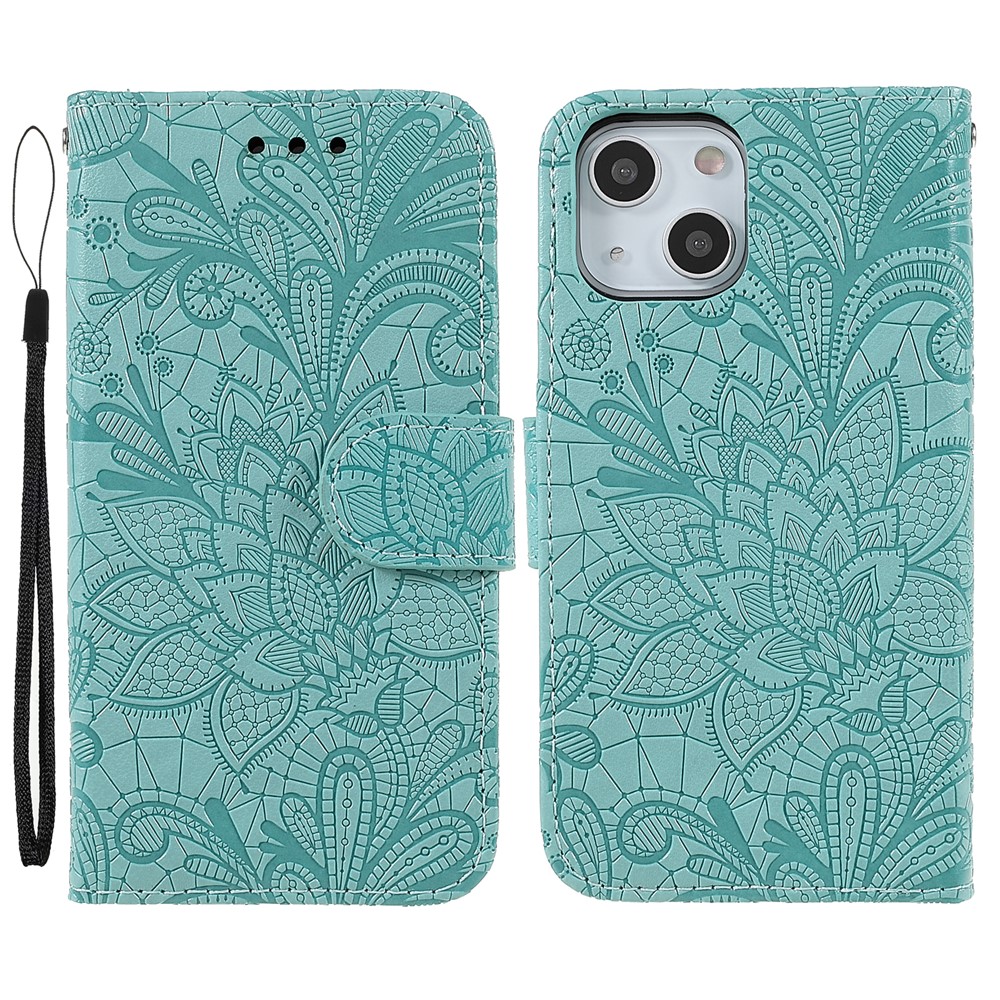 Lace Flowers Pattern Imprinting Folio Soft PU Leather Wallet Stand Magnetic Closure Cover with Wrist Strap for iPhone 13 mini 5.4 inch - Cyan