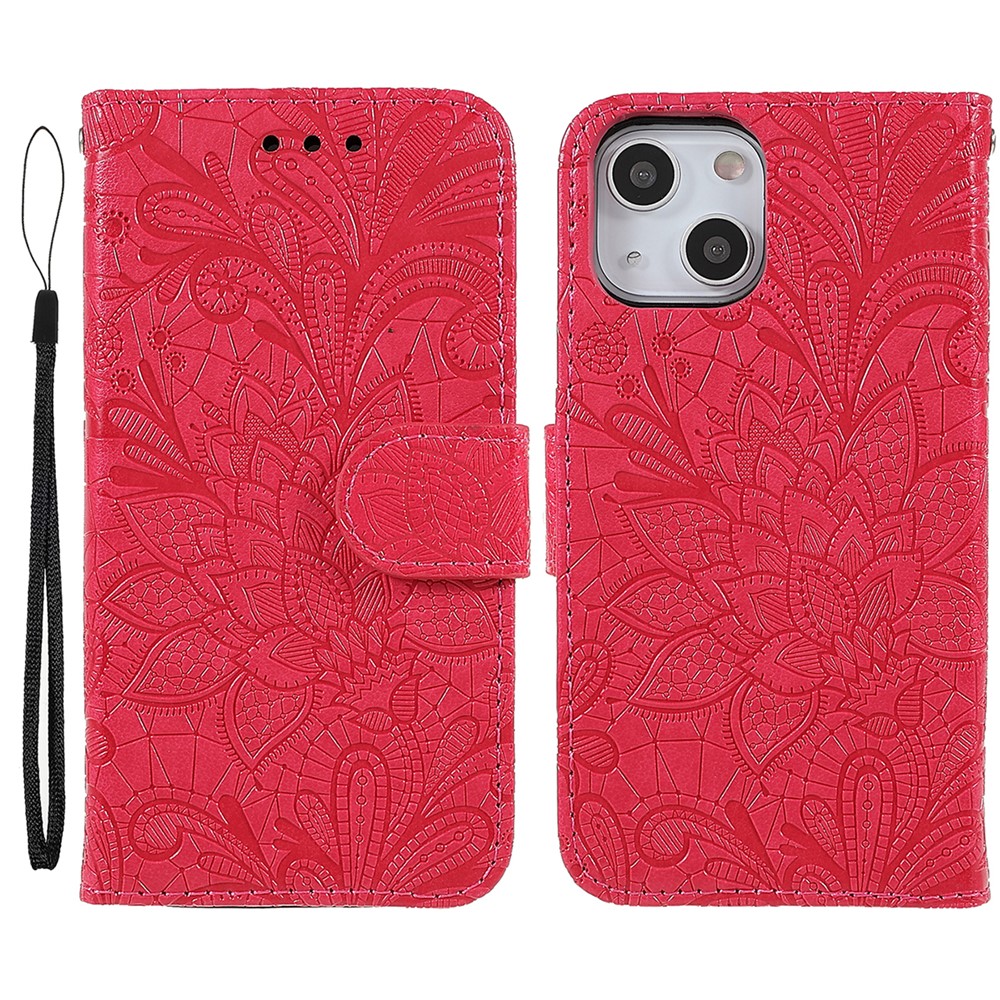 Lace Flowers Pattern Imprinting Folio Soft PU Leather Wallet Stand Magnetic Closure Cover with Wrist Strap for iPhone 13 mini 5.4 inch - Red