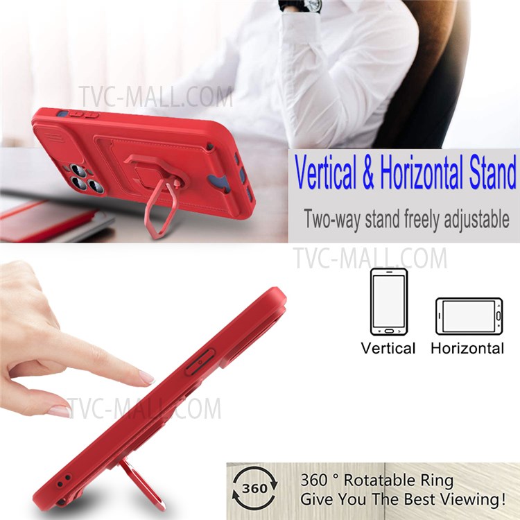 Flexible Soft TPU Phone Shell Phone Back Cover with Rotatable Finger Ring Kickstand for iPhone 13 Pro 6.1 inch - Red-2
