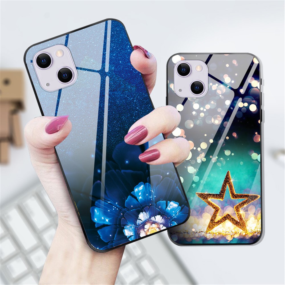 Pattern Printing Slim Tempered Glass Back TPU Bumper Frame Shockproof Anti-Scratch Cover for iPhone 13 mini 5.4 inch - Starry Sky-3