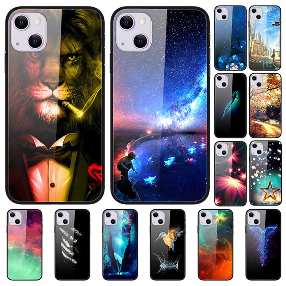 Pattern Printing Slim Tempered Glass Back TPU Bumper Frame Shockproof Anti-Scratch Cover for iPhone 13 mini 5.4 inch - Starry Sky-6