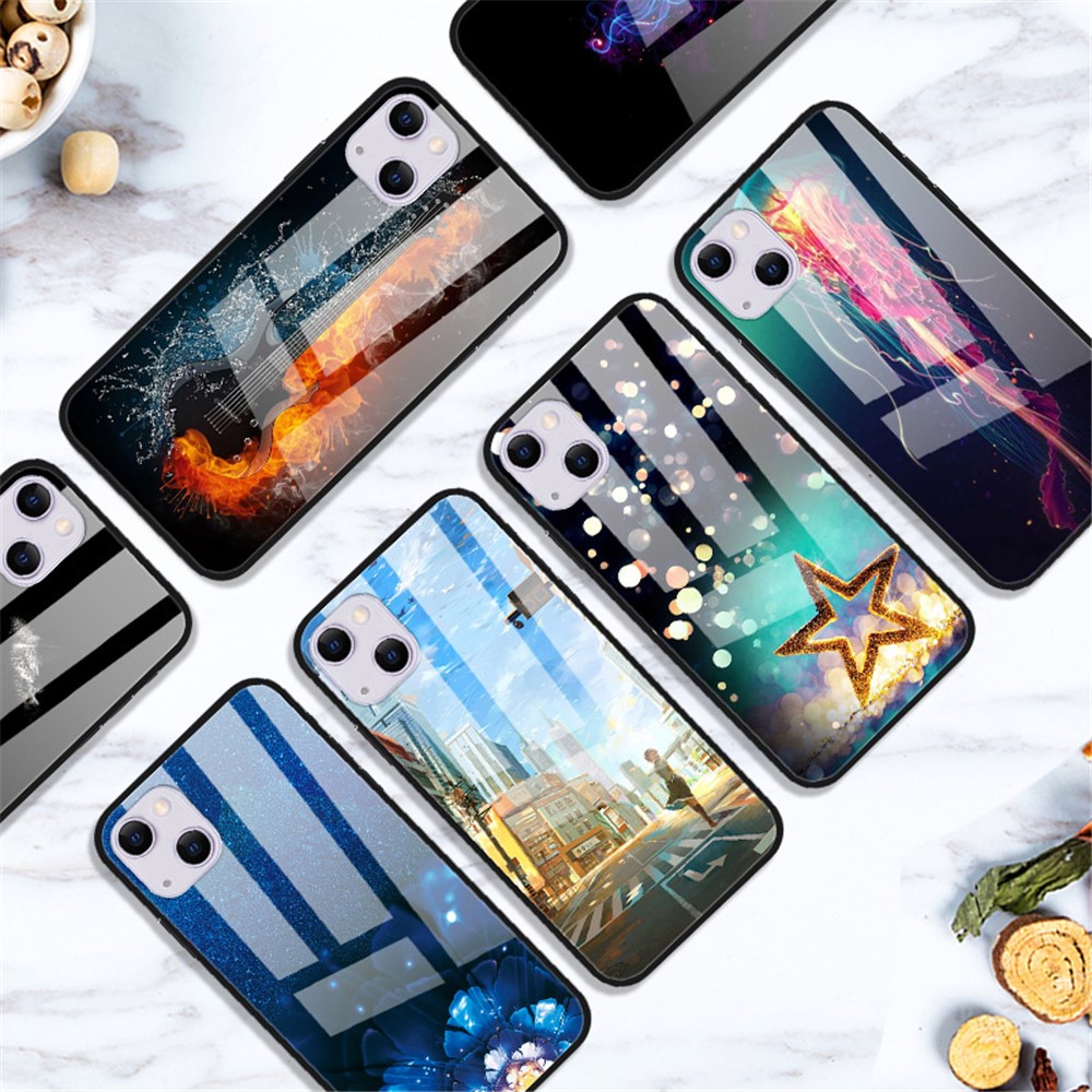 Anti-Scratch Pattern Printing Soft TPU Frame Shockproof Tempered Glass Back Cover for iPhone 13 6.1 inch - Star Talk Wish-4