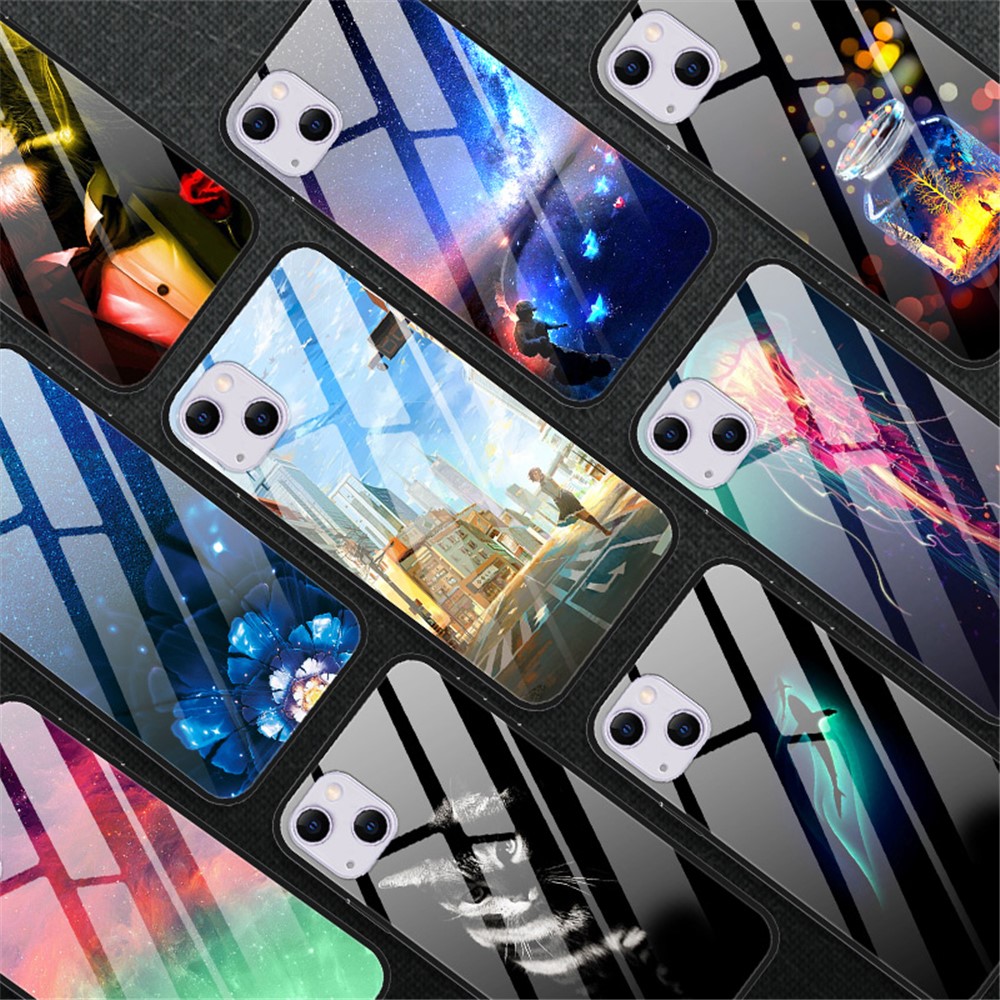 Anti-Scratch Pattern Printing Soft TPU Frame Shockproof Tempered Glass Back Cover for iPhone 13 6.1 inch - Star Talk Wish-5