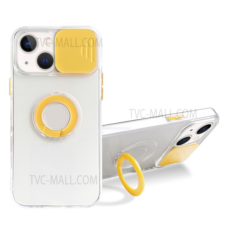 Colorful Design Slide Camera Cover Ring Kickstand Stylish Shockproof Soft TPU + Hard PC Hybrid Phone Cover for iPhone 13 mini 5.4 inch - Yellow-1