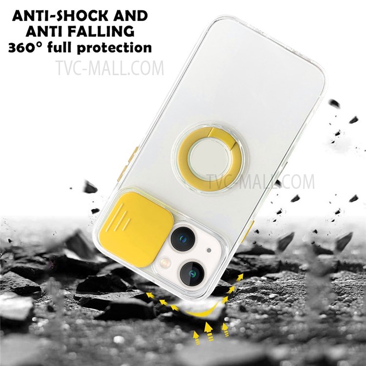 Colorful Design Slide Camera Cover Ring Kickstand Stylish Shockproof Soft TPU + Hard PC Hybrid Phone Cover for iPhone 13 mini 5.4 inch - Yellow-3