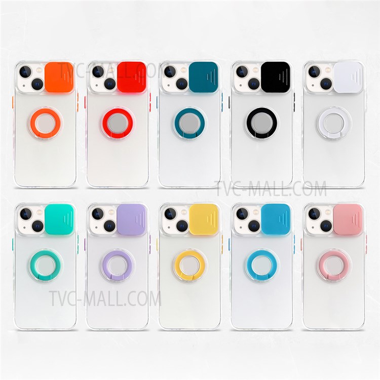 Colorful Design Slide Camera Cover Ring Kickstand Stylish Shockproof Soft TPU + Hard PC Hybrid Phone Cover for iPhone 13 mini 5.4 inch - Yellow-6