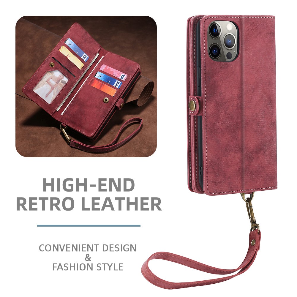 MEGSHI 021 Series Full Protection Wrist Strap Detachable 2-in-1 Magnetic Wallet Design Phone Case with Stand for iPhone 13 Pro Max 6.7 inch - Red-4