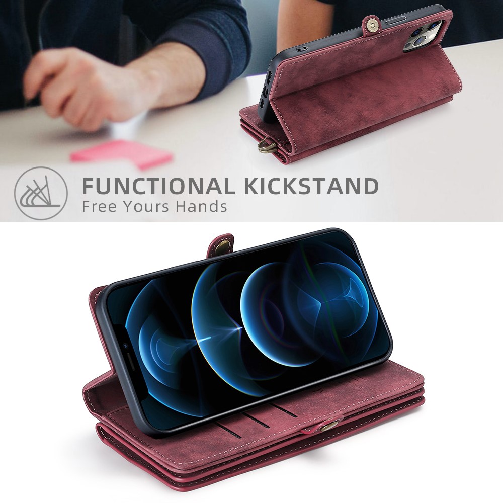 MEGSHI 021 Series Full Protection Wrist Strap Detachable 2-in-1 Magnetic Wallet Design Phone Case with Stand for iPhone 13 Pro Max 6.7 inch - Red-5