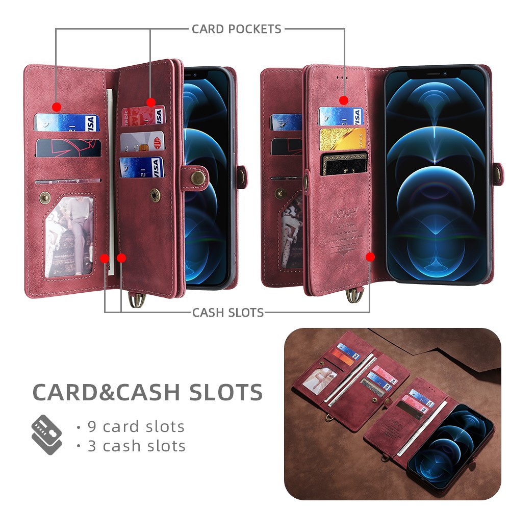 MEGSHI 021 Series Full Protection Wrist Strap Detachable 2-in-1 Magnetic Wallet Design Phone Case with Stand for iPhone 13 Pro Max 6.7 inch - Red-6