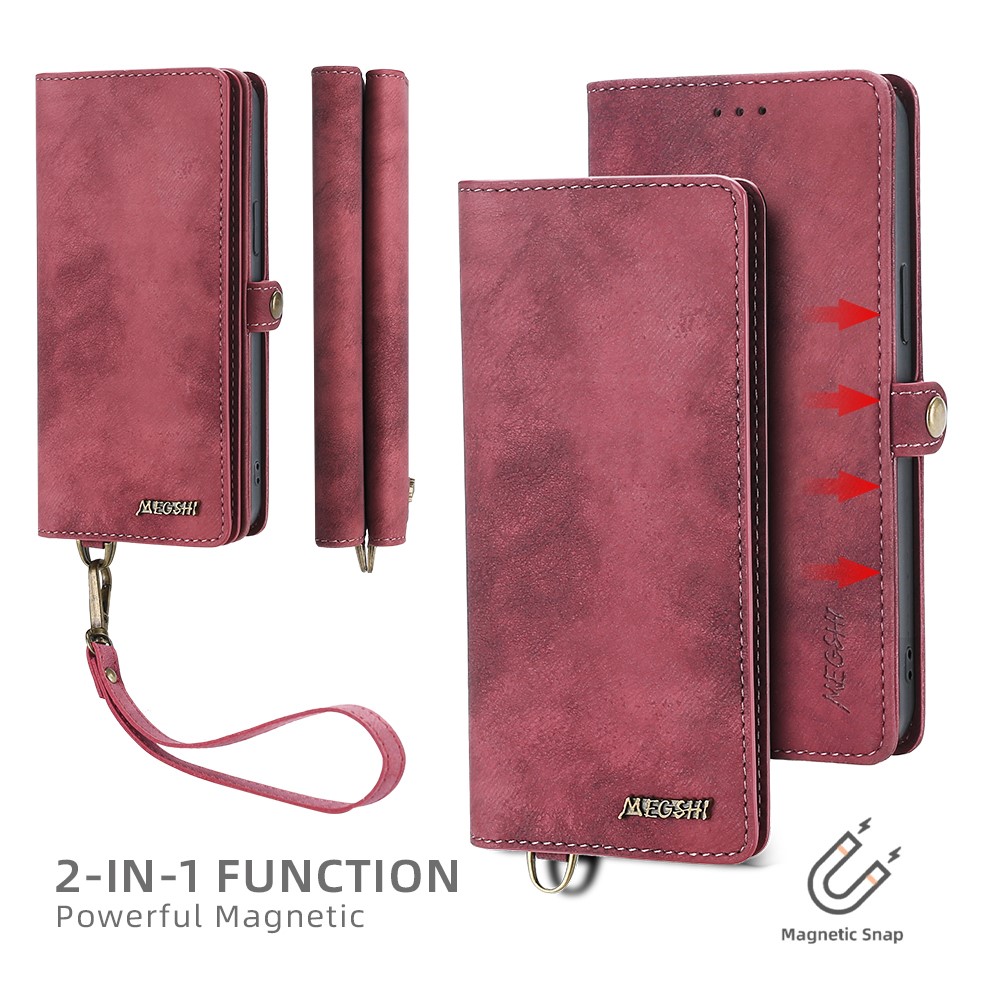 MEGSHI 021 Series Full Protection Wrist Strap Detachable 2-in-1 Magnetic Wallet Design Phone Case with Stand for iPhone 13 Pro Max 6.7 inch - Red-9