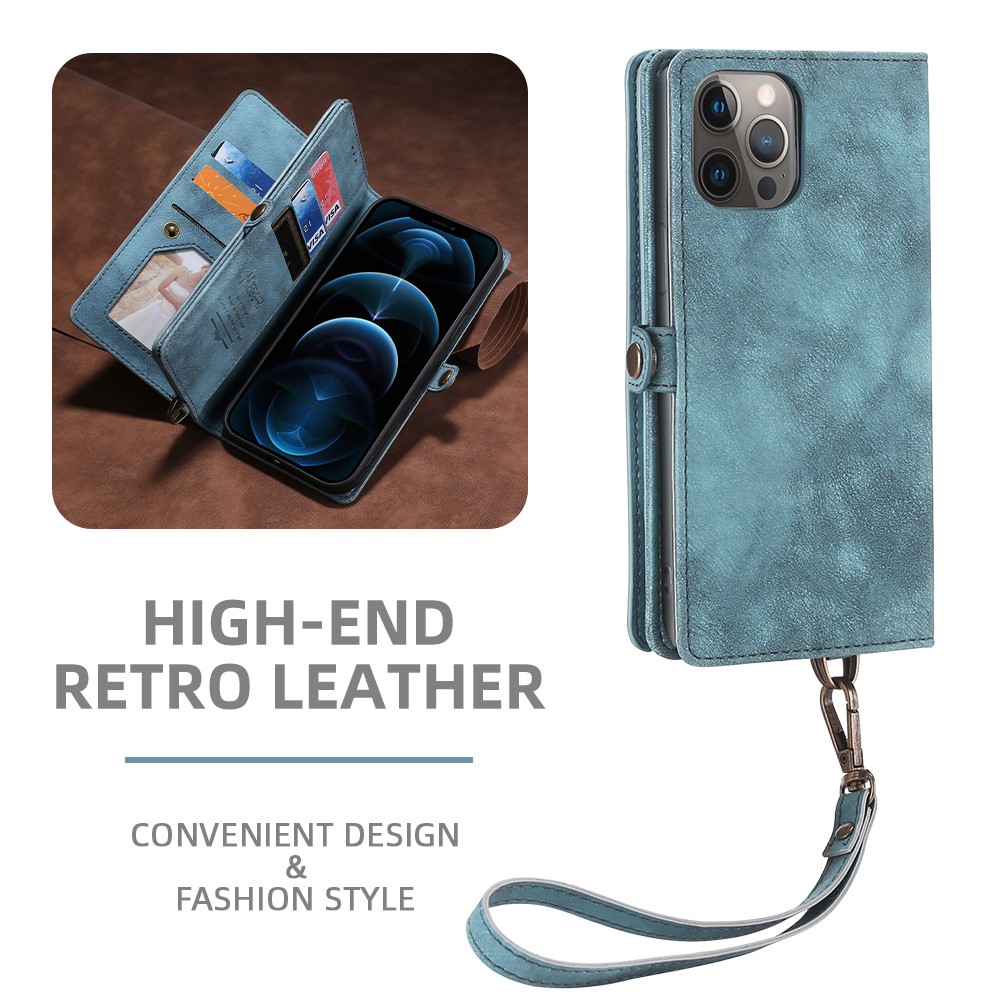 MEGSHI 021 Series Detachable 2-in-1 Magnetic Wallet Design Multifunctional Well-protected Phone Cover with Stand and Strap for iPhone 13 Pro 6.1 inch - Blue-4