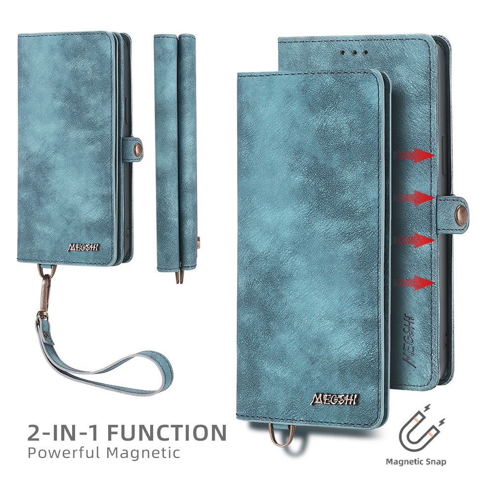 MEGSHI 021 Series Detachable 2-in-1 Magnetic Wallet Design Multifunctional Well-protected Phone Cover with Stand and Strap for iPhone 13 Pro 6.1 inch - Blue-9