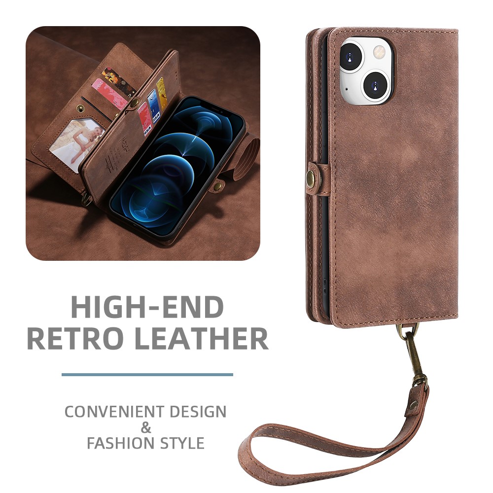 MEGSHI 021 Series Good Protection For iPhone 13 6.1 inch Shockproof Stand Design Detachable 2-in-1 Magnetic Wallet Design Phone Cover - Brown-3