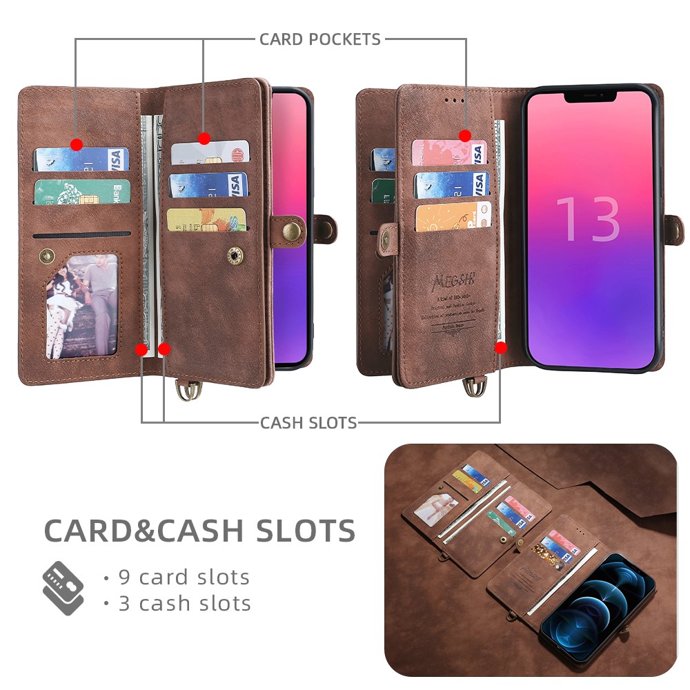 MEGSHI 021 Series Good Protection For iPhone 13 6.1 inch Shockproof Stand Design Detachable 2-in-1 Magnetic Wallet Design Phone Cover - Brown-5
