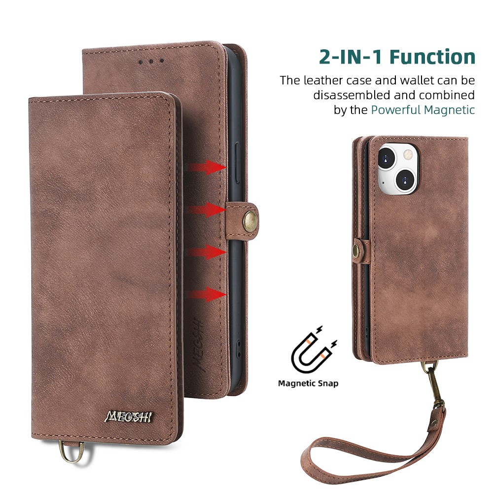 MEGSHI 021 Series All-Round Protection Shockproof Detachable 2-in-1 Magnetic Wallet Design Phone Cover with Stand for iPhone 13 mini 5.4 inch - Brown-3
