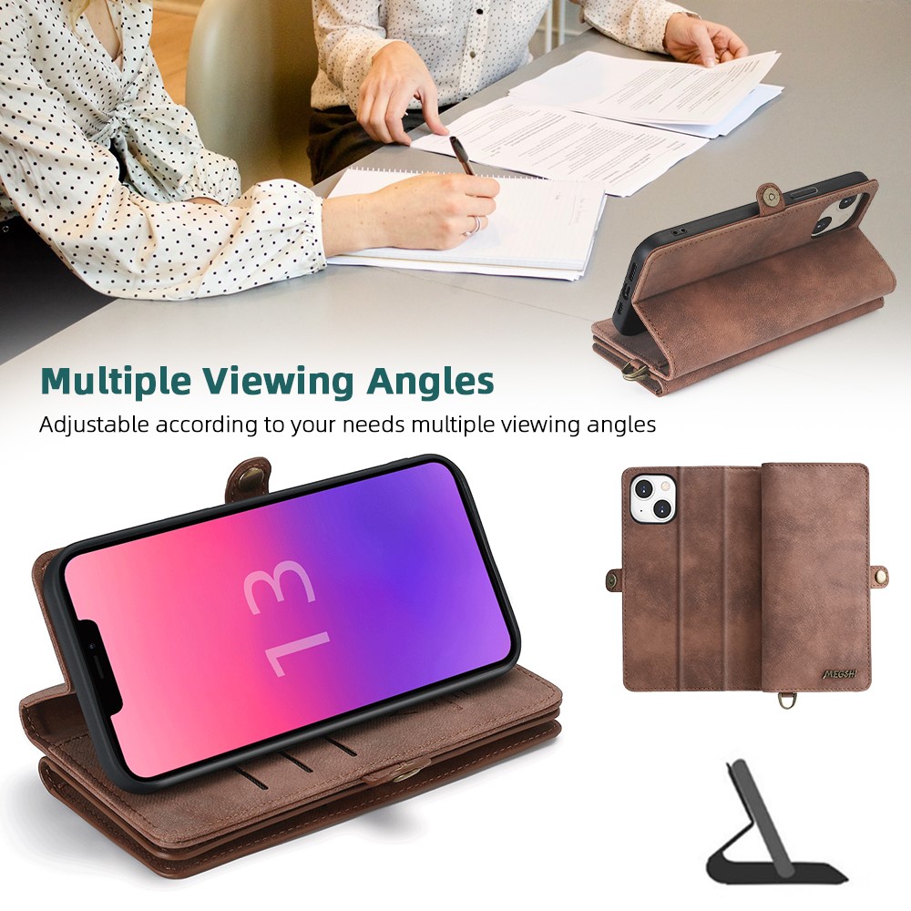 MEGSHI 021 Series All-Round Protection Shockproof Detachable 2-in-1 Magnetic Wallet Design Phone Cover with Stand for iPhone 13 mini 5.4 inch - Brown-6