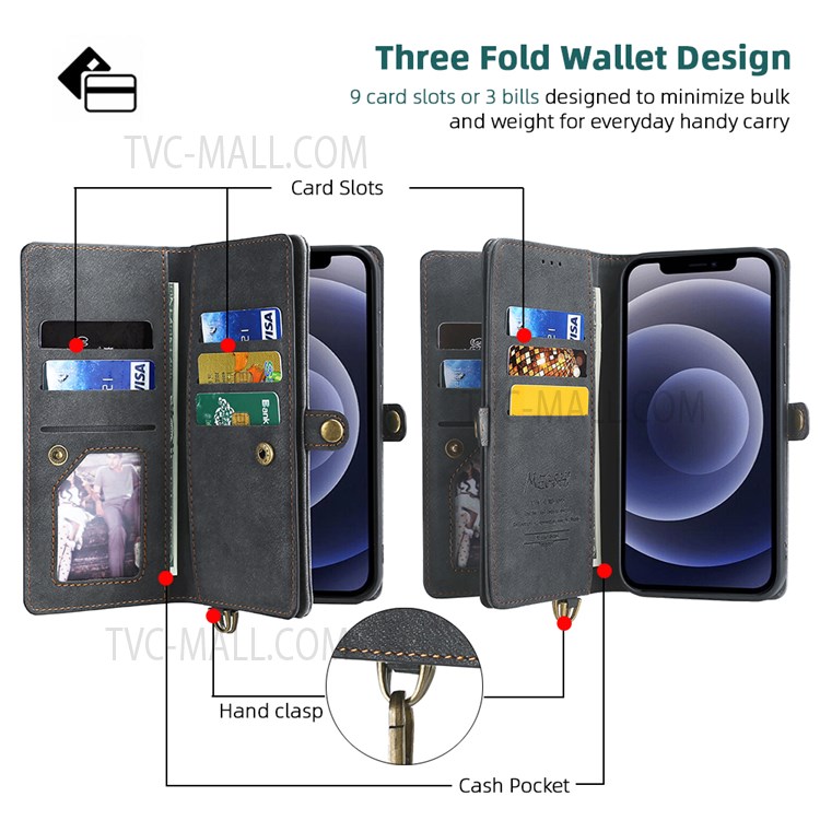 MEGSHI 021 Series Good Protection Shockproof Detachable 2-in-1 Magnetic Wallet Design Phone Cover with Stand for iPhone 12 mini 5.4 inch - Black-4