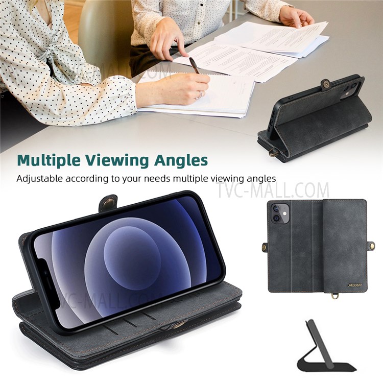MEGSHI 021 Series Good Protection Shockproof Detachable 2-in-1 Magnetic Wallet Design Phone Cover with Stand for iPhone 12 mini 5.4 inch - Black-6