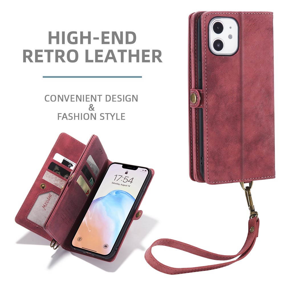 MEGSHI 021 Series Detachable 2-in-1 Magnetic Wallet Design Multiple Card Slots Anti-fall Phone Case with Stand and Strap for iPhone 11 6.1 inch - Red-3