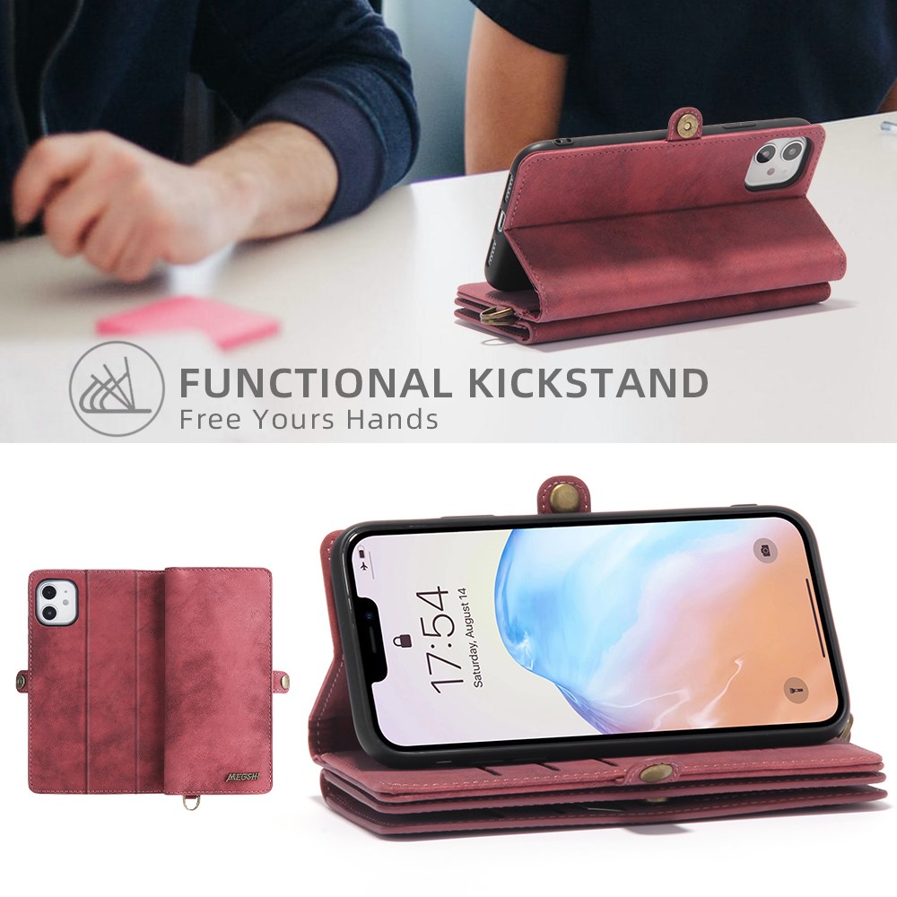 MEGSHI 021 Series Detachable 2-in-1 Magnetic Wallet Design Multiple Card Slots Anti-fall Phone Case with Stand and Strap for iPhone 11 6.1 inch - Red-4
