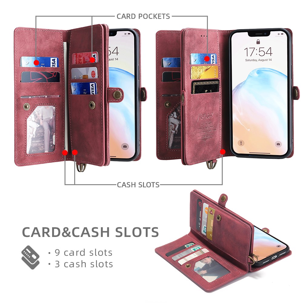 MEGSHI 021 Series Detachable 2-in-1 Magnetic Wallet Design Multiple Card Slots Anti-fall Phone Case with Stand and Strap for iPhone 11 6.1 inch - Red-5