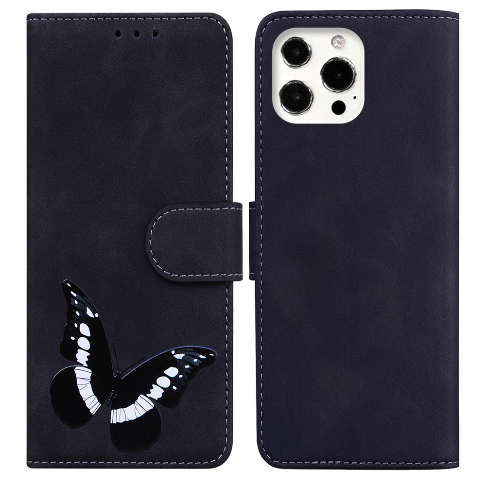 Big Butterfly Pattern Printing Dual-sided Magnetic Clasp Anti-scratch Skin-touch PU Leather Phone Cover with Stand for iPhone 13 Pro 6.1 inch - Black-1