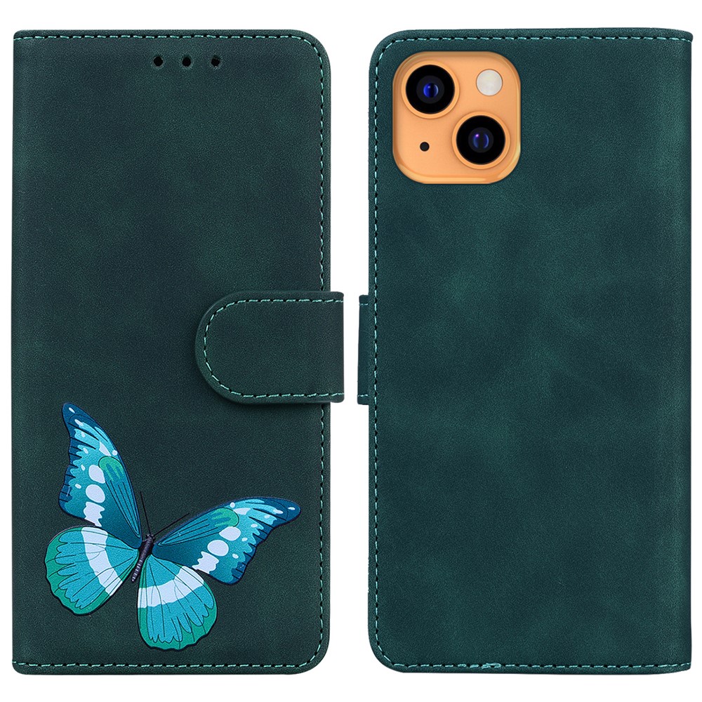 Vivid Butterfly Printing Wallet Stand Skin-touch PU Leather Phone Case Cover for iPhone 13 6.1 inch - Green-1