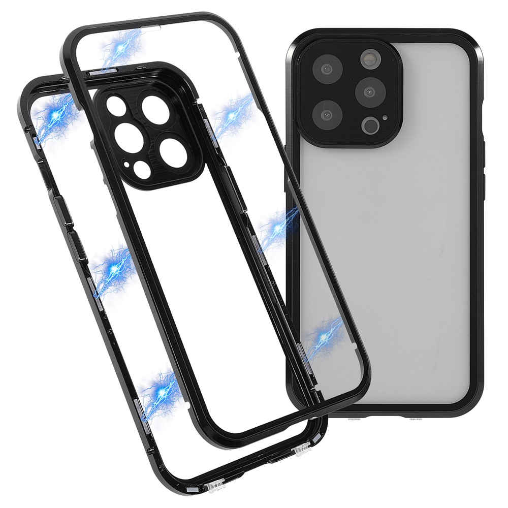 Double-sided Tempered Glass + Metal Frame Magnetic Phone Cover Shell with Camera Lens Protector for iPhone 13 Pro Max 6.7 inch - Black-1