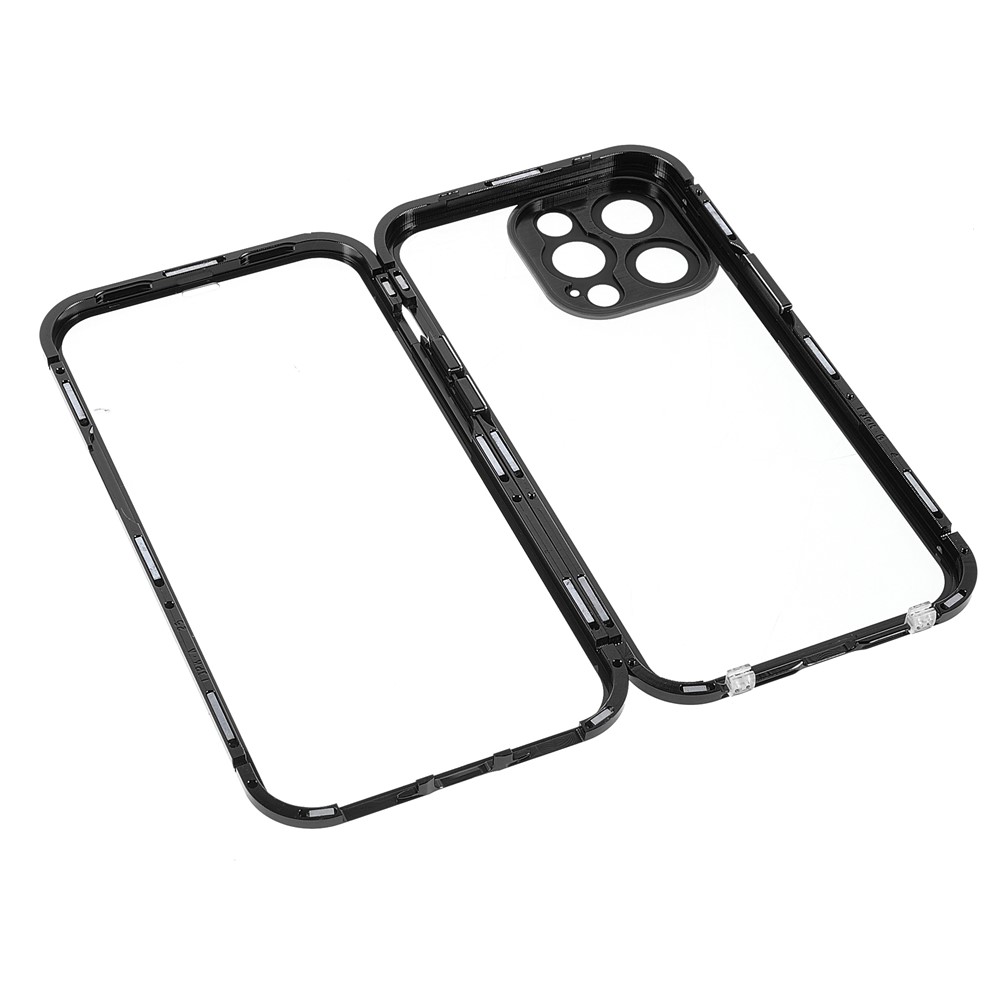 Double-sided Tempered Glass + Metal Frame Magnetic Phone Cover Shell with Camera Lens Protector for iPhone 13 Pro Max 6.7 inch - Black-8