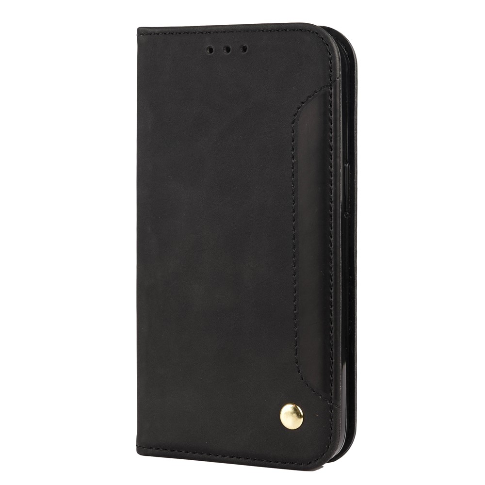Skin-touch Feel Splicing Metal Decoration Leather Phone Stand Shell for iPhone 13 6.1 inch - Black-2