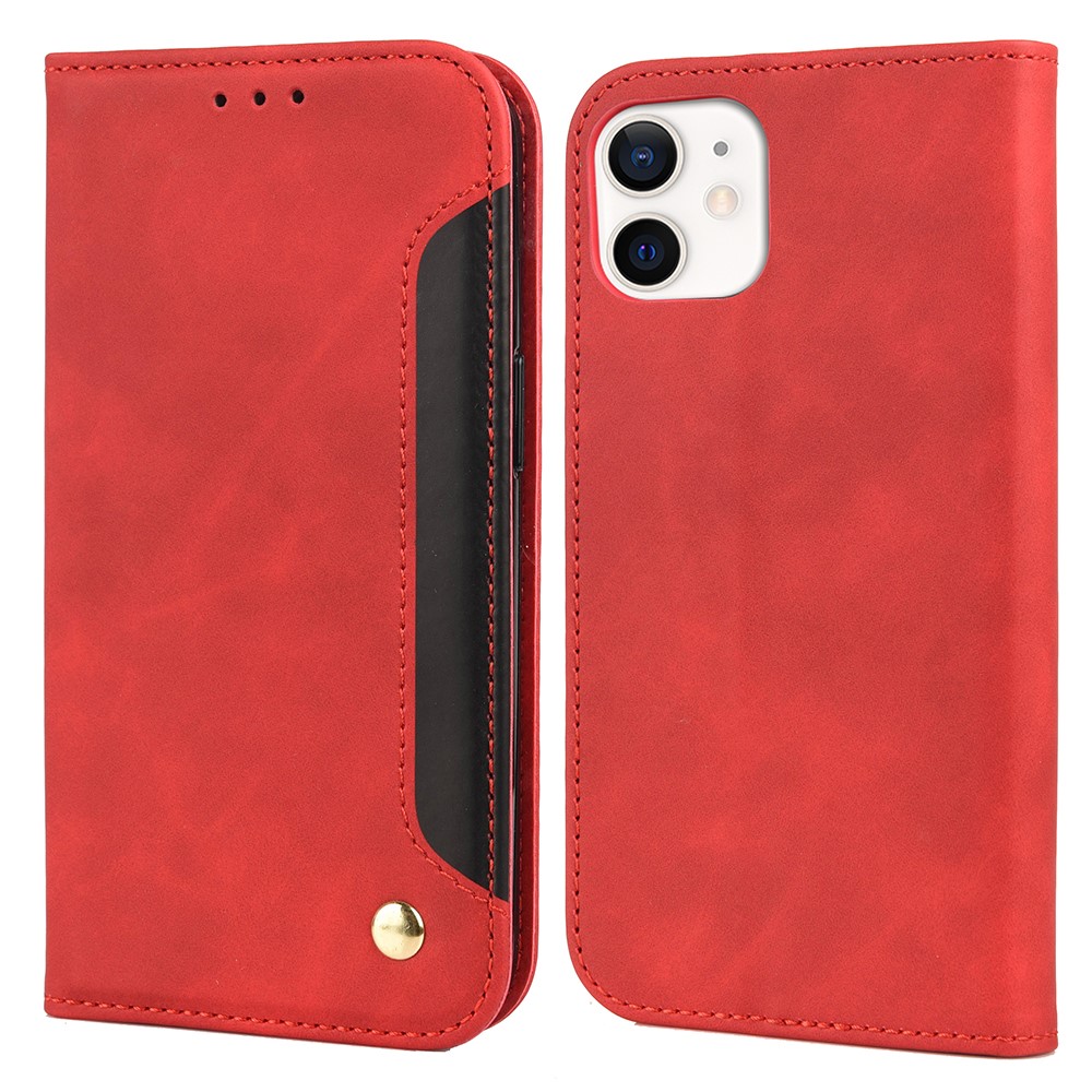 Skin-touch Feel Splicing Metal Decoration Leather Phone Stand Shell for iPhone 13 6.1 inch - Red-1