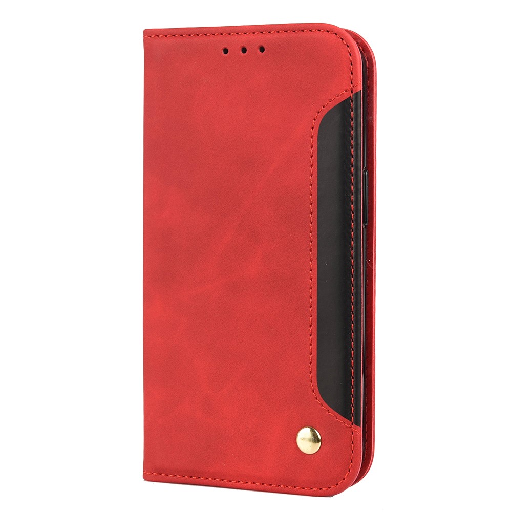 Skin-touch Feel Splicing Metal Decoration Leather Phone Stand Shell for iPhone 13 6.1 inch - Red-2