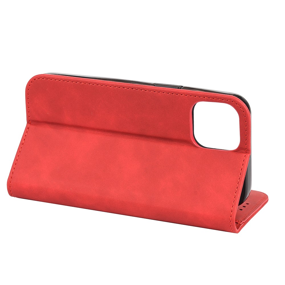 Skin-touch Feel Splicing Metal Decoration Leather Phone Stand Shell for iPhone 13 6.1 inch - Red-6