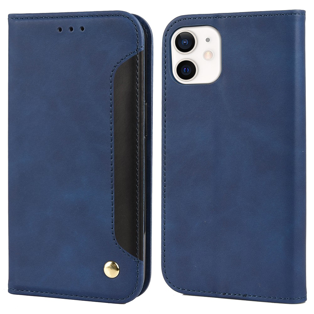Skin-touch Feel Splicing Metal Decoration Leather Phone Stand Shell for iPhone 13 6.1 inch - Blue-1