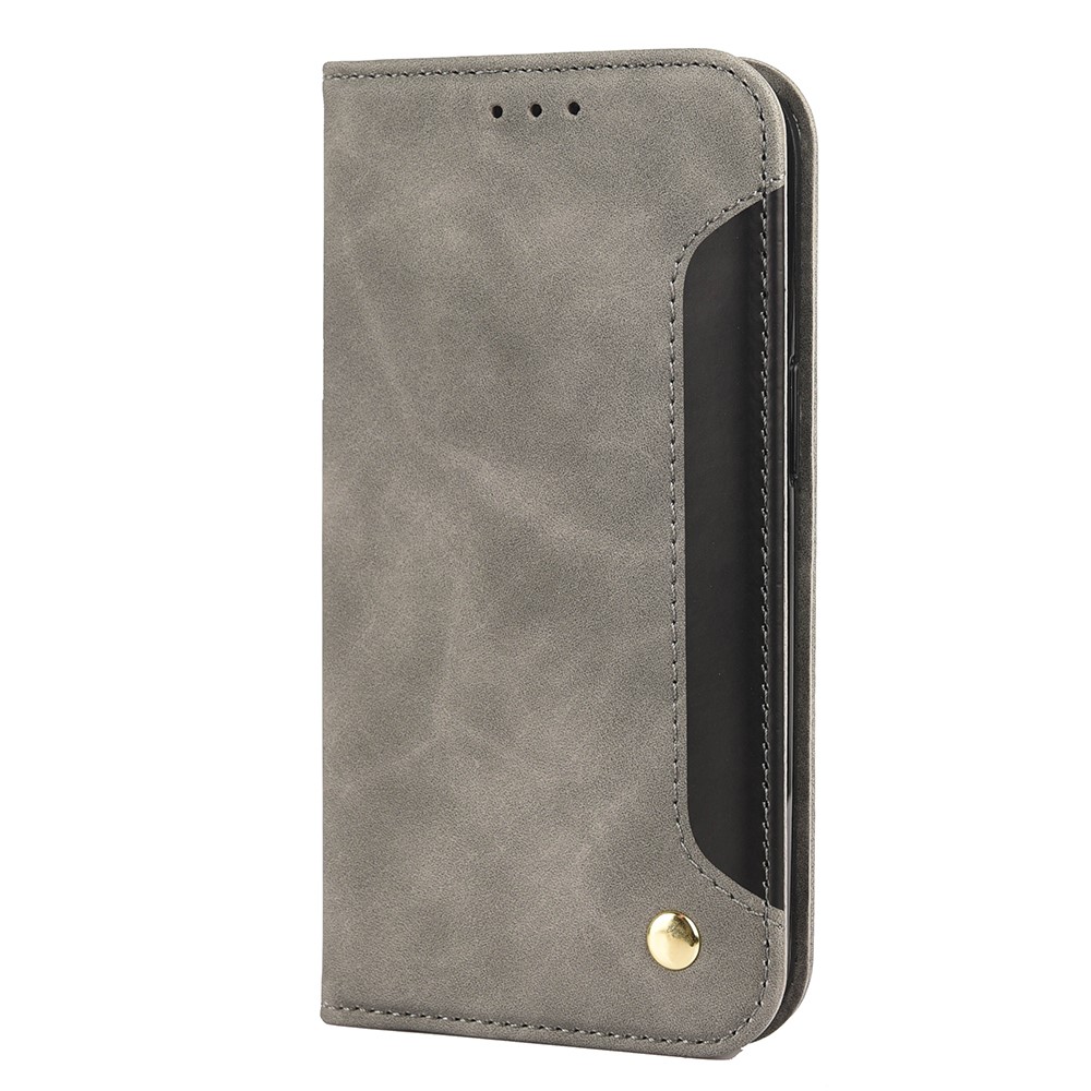 Skin-touch Feel Splicing Metal Decoration Leather Phone Stand Shell for iPhone 13 6.1 inch - Grey-2