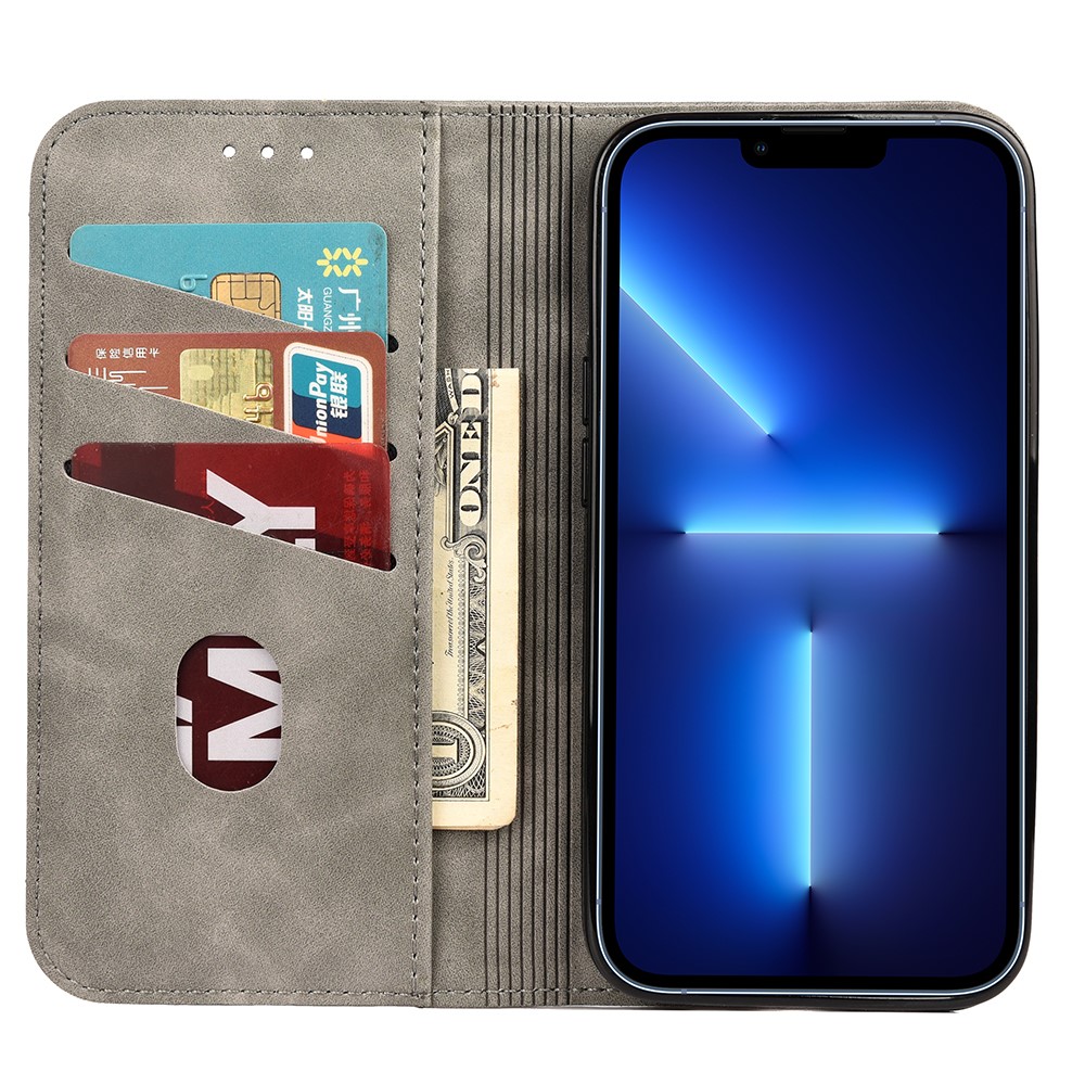 Skin-touch Feel Splicing Metal Decoration Leather Phone Stand Shell for iPhone 13 6.1 inch - Grey-4