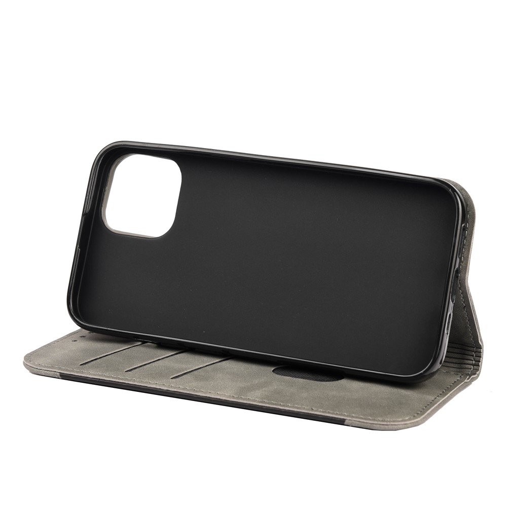 Skin-touch Feel Splicing Metal Decoration Leather Phone Stand Shell for iPhone 13 6.1 inch - Grey-5