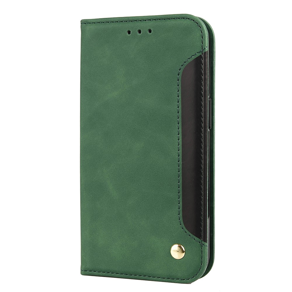 Skin-touch Feel Splicing Metal Decoration Leather Phone Stand Shell for iPhone 13 6.1 inch - Green-2