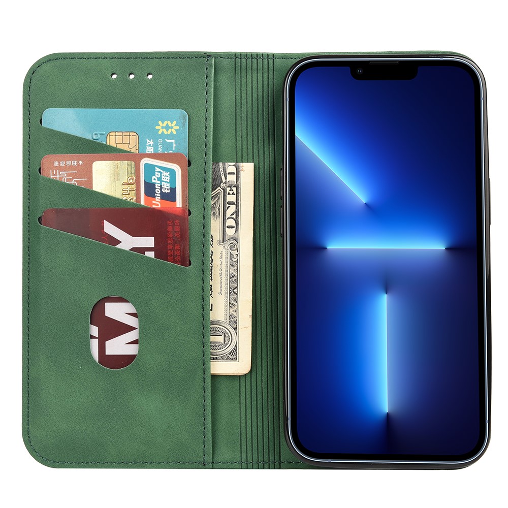 Skin-touch Feel Splicing Metal Decoration Leather Phone Stand Shell for iPhone 13 6.1 inch - Green-4