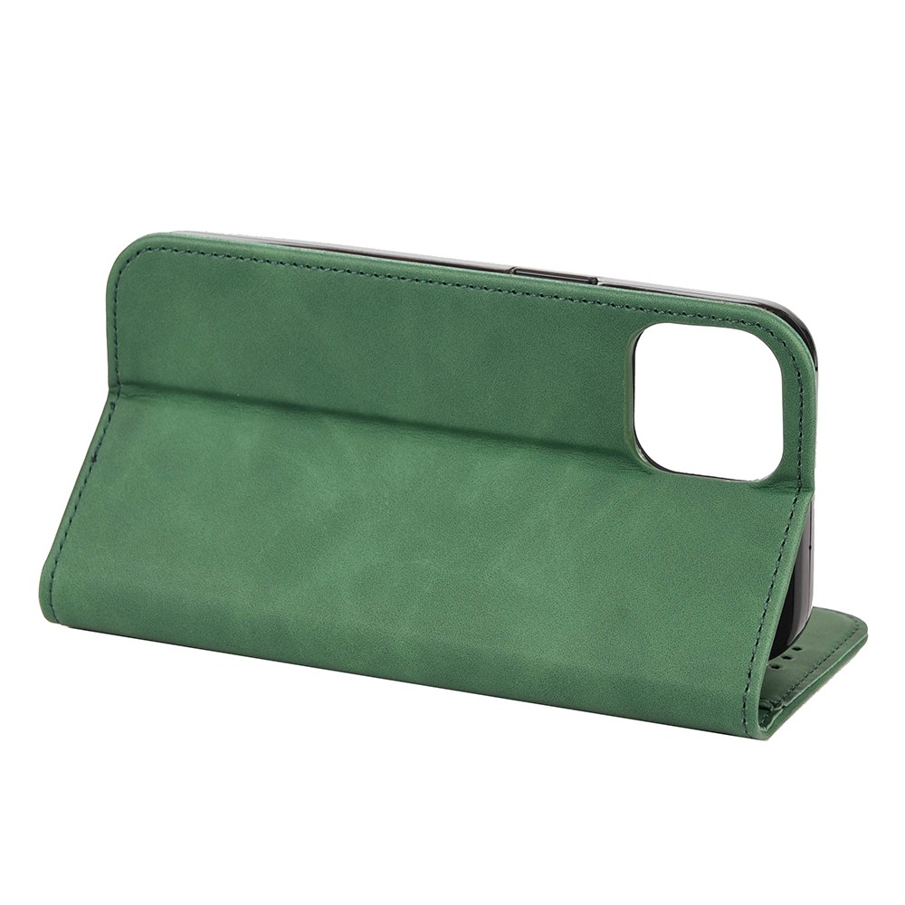 Skin-touch Feel Splicing Metal Decoration Leather Phone Stand Shell for iPhone 13 6.1 inch - Green-6