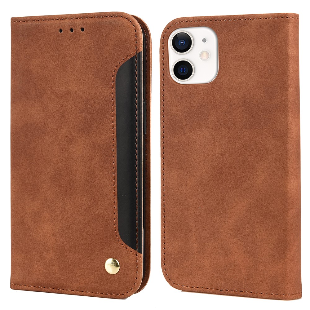 Skin-touch Feel Splicing Metal Decoration Leather Phone Stand Shell for iPhone 13 6.1 inch - Brown-1