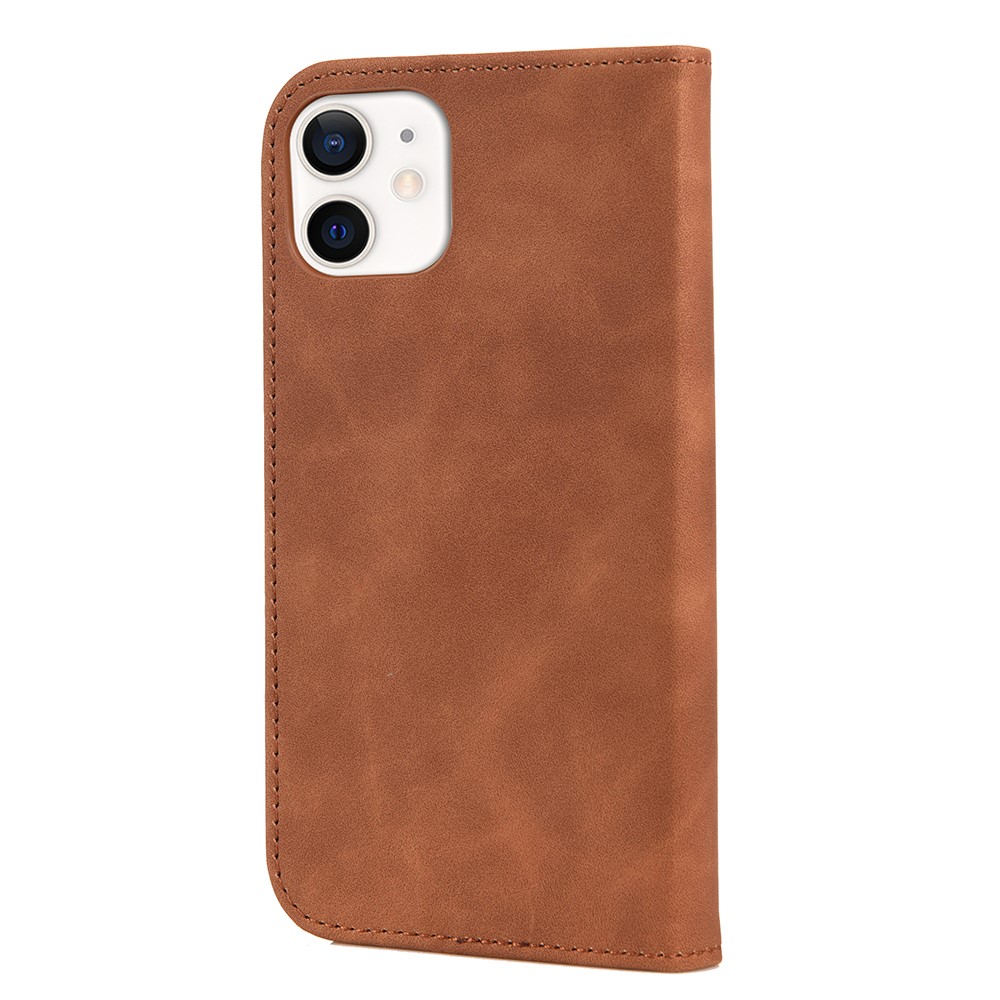 Skin-touch Feel Splicing Metal Decoration Leather Phone Stand Shell for iPhone 13 6.1 inch - Brown-3