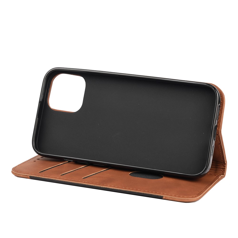 Skin-touch Feel Splicing Leather Phone Stand Cover Shell for iPhone 13 mini 5.4 inch - Brown-5