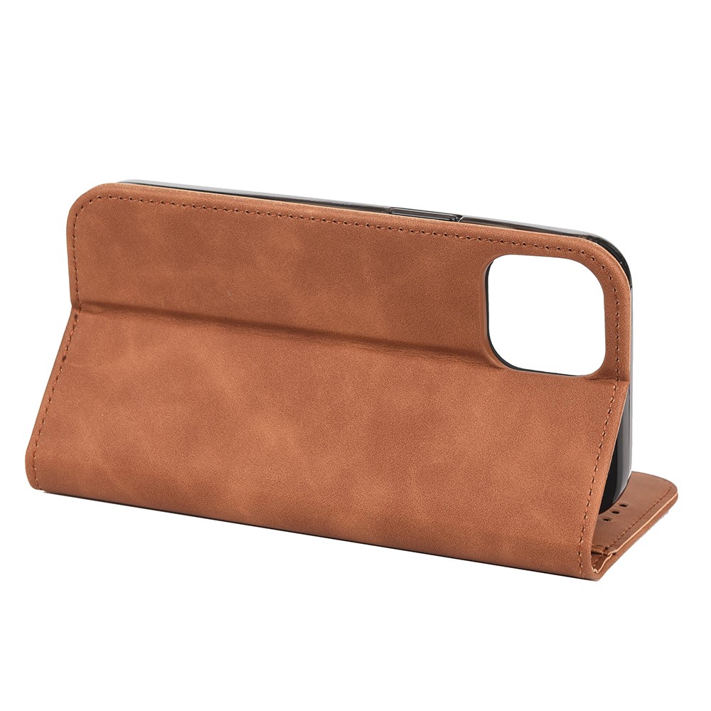 Skin-touch Feel Splicing Leather Phone Stand Cover Shell for iPhone 13 mini 5.4 inch - Brown-6