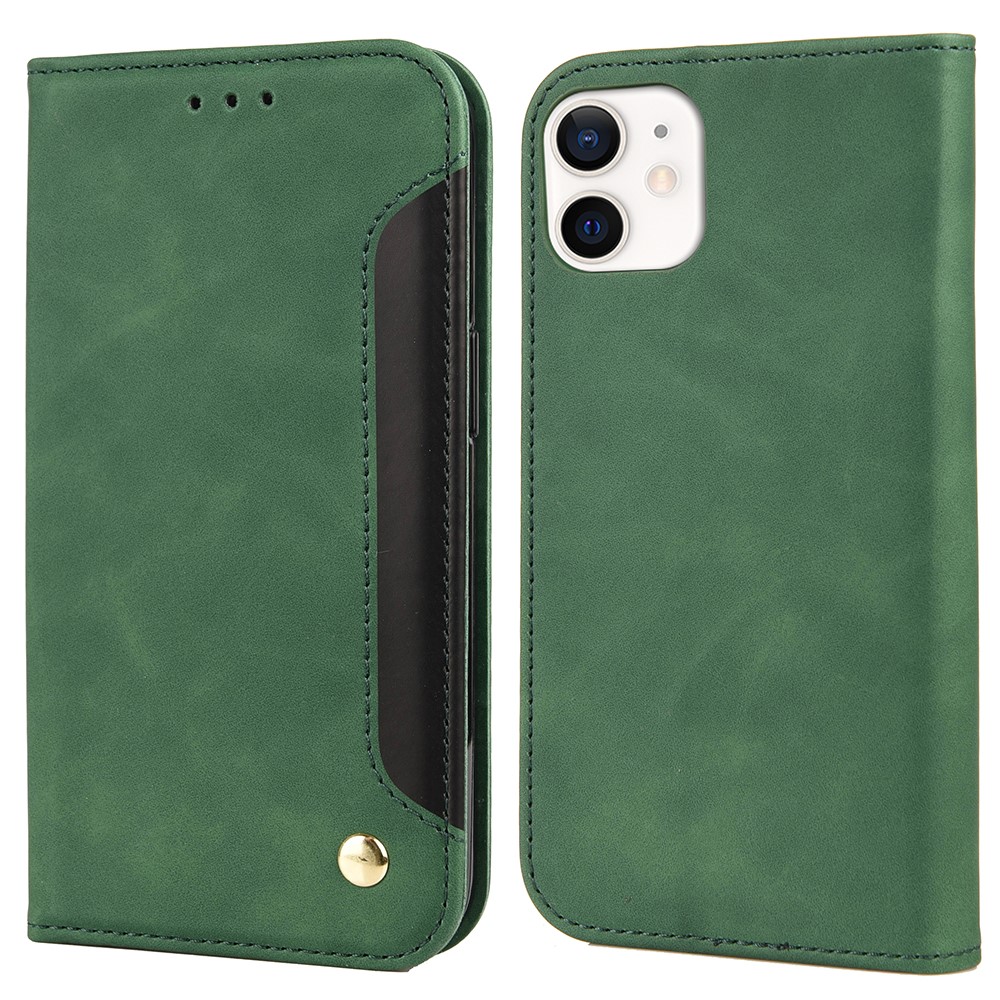 Hardware Decor Skin-Touch Leather Splicing Phone Case with Wallet and Stand for iPhone 12 mini 5.4 inch - Green-1