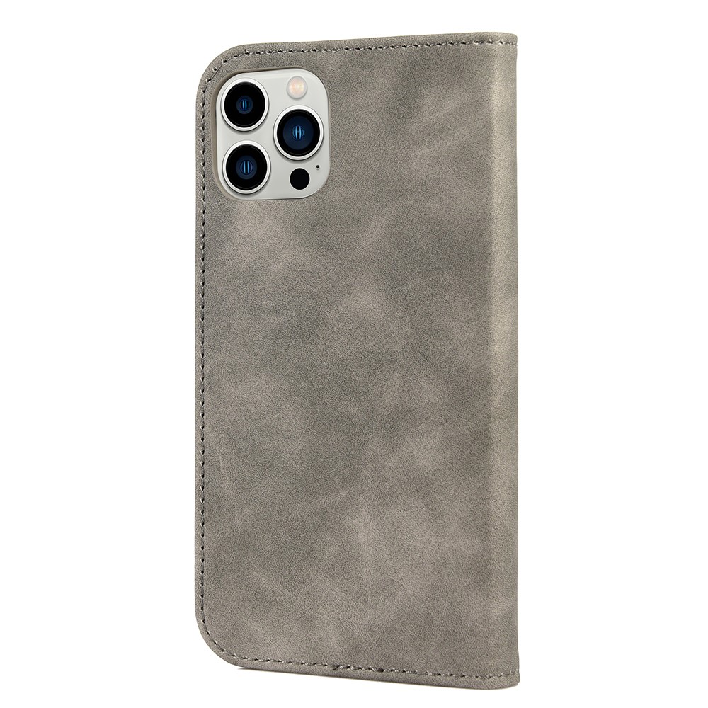 Skin-touch Feeling Splicing Leather Phone Stand Case with Metal Decoration for iPhone 13 Pro Max - Grey-3