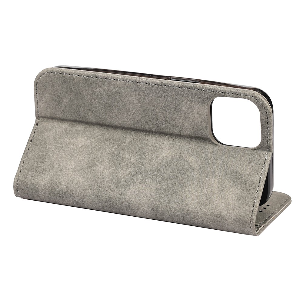 Skin-touch Feeling Splicing Leather Phone Stand Case with Metal Decoration for iPhone 13 Pro Max - Grey-6